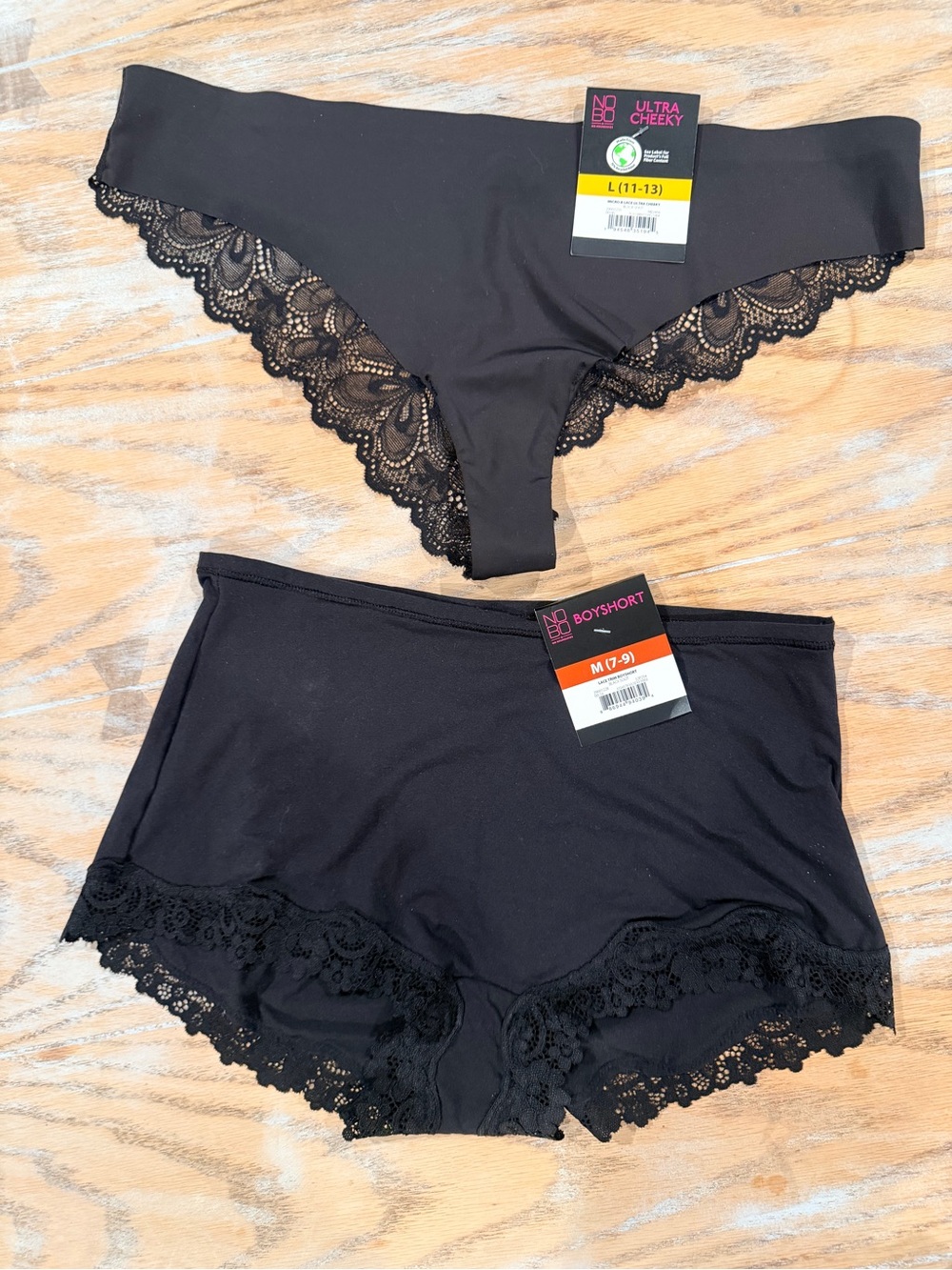 NOBO Black Lace Trim Ultra Cheeky and Boyshort Panty Set